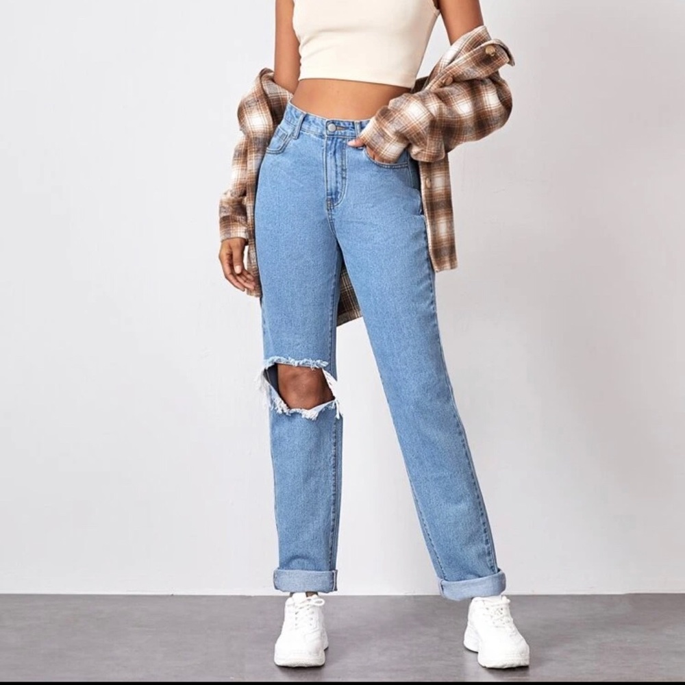 SHEIN ripped high waisted straight legged jeans